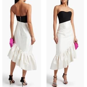RASARIO Ruffled Silk Crepe Corset Strapless Two Tone Asymmetric Midi Dress Sz 4